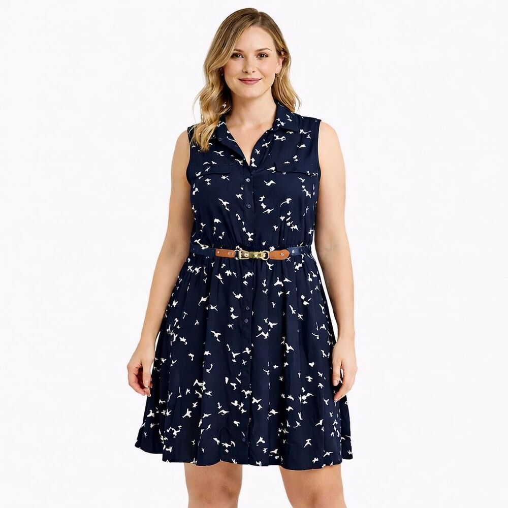 Indigo Rose XL Navy Bird Print Shirt Dress Sleeveless Belted Fit & Flare